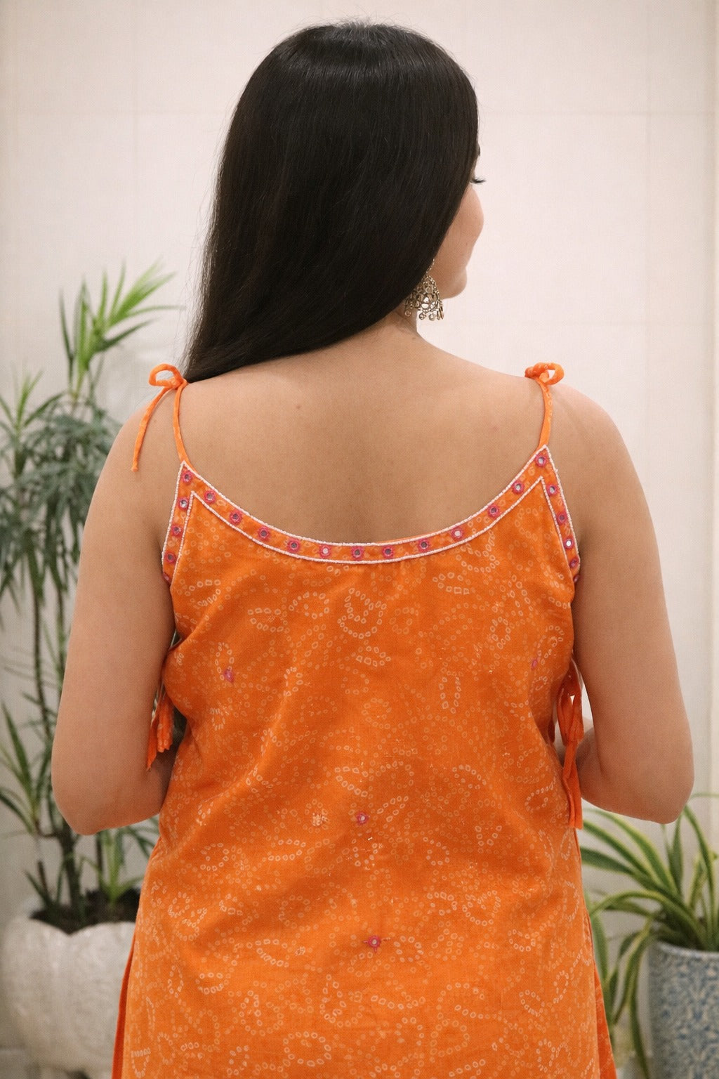 Orange Georgette Kurti Set with Mirror Work Detailing for Women