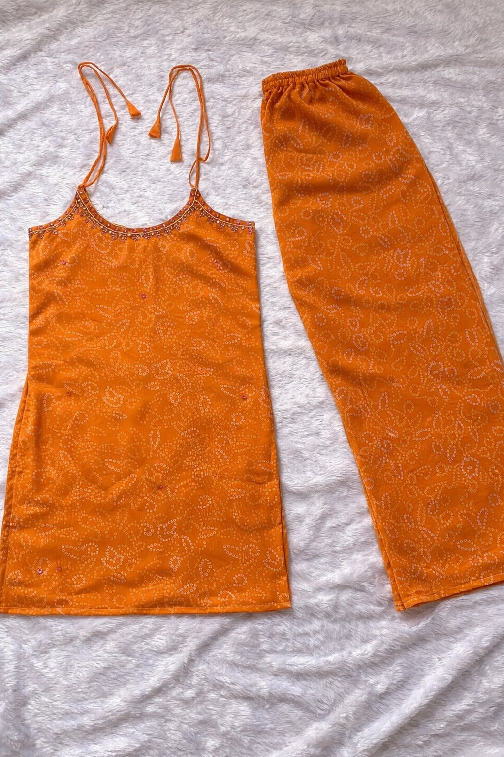 Orange Georgette Kurti Set with Mirror Work Detailing for Women