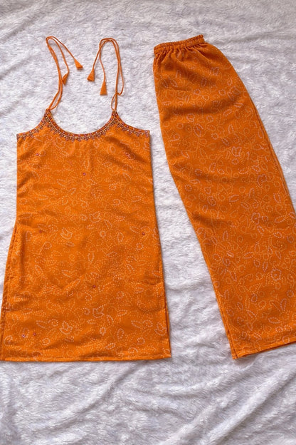 Orange Georgette Kurti Set with Mirror Work Detailing for Women