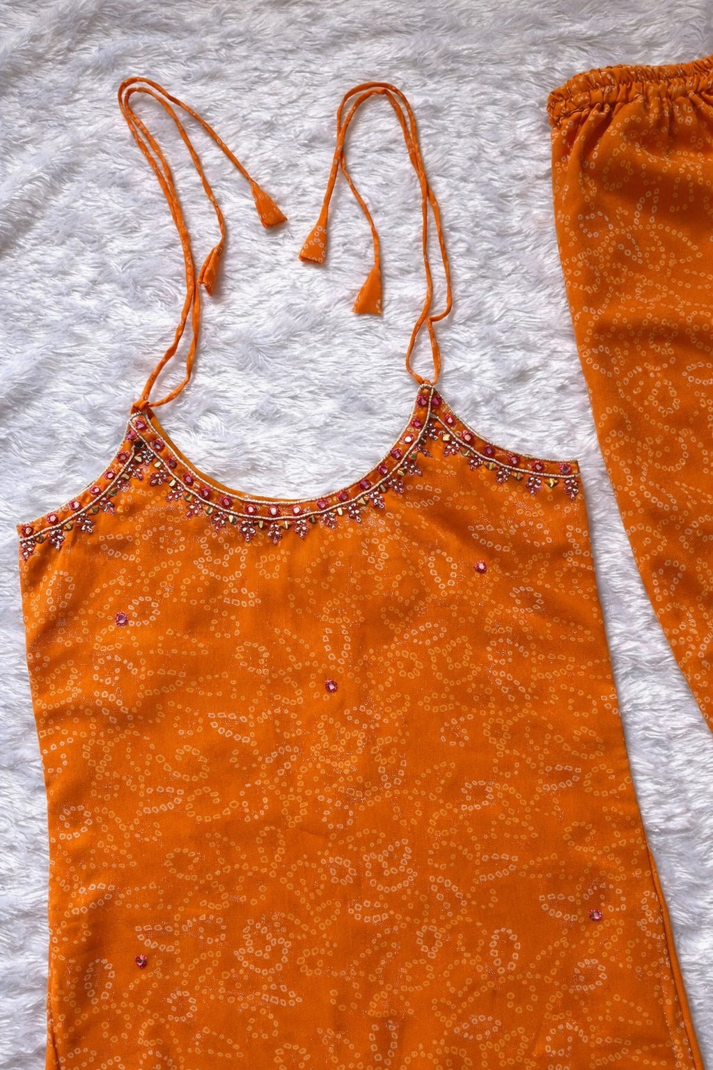 Orange Georgette Kurti Set with Mirror Work Detailing for Women