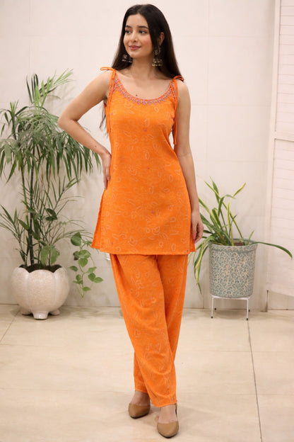 Orange Georgette Kurti Set with Mirror Work Detailing for Women