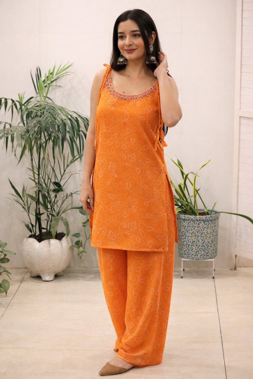 Orange Georgette Kurti Set with Mirror Work Detailing for Women