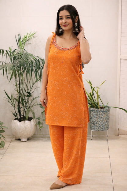 Orange Georgette Kurti Set with Mirror Work Detailing for Women