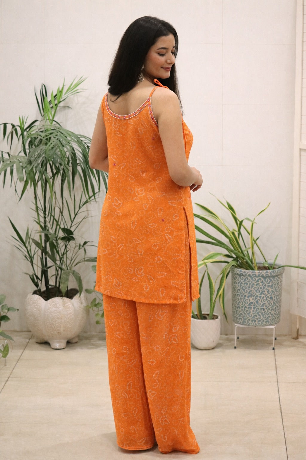 Orange Georgette Kurti Set with Mirror Work Detailing for Women