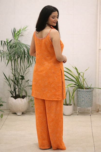 Orange Georgette Kurti Set with Mirror Work Detailing for Women
