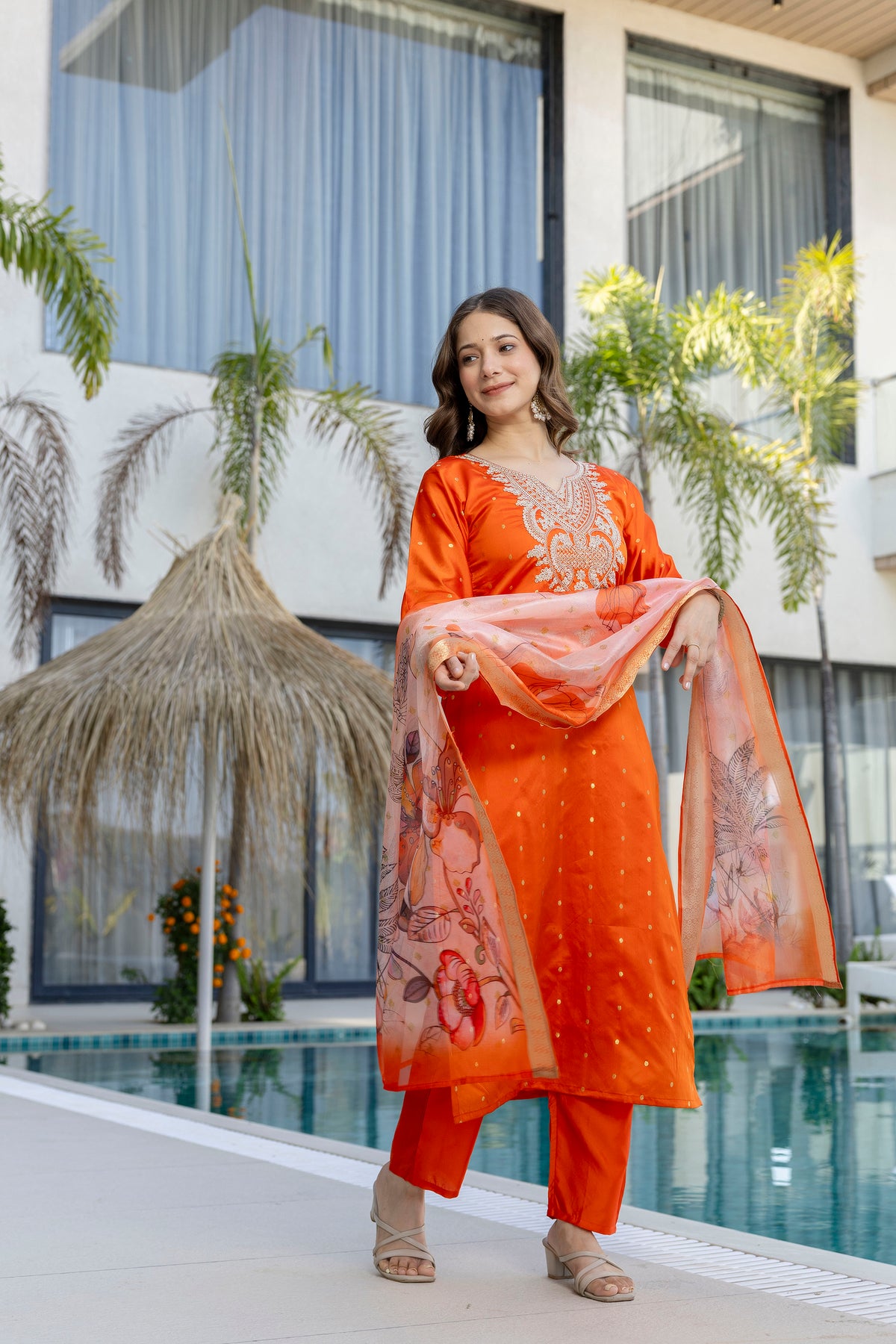 Orange Jacquard Embroidered Kurta Set with Organza Dupatta for Women