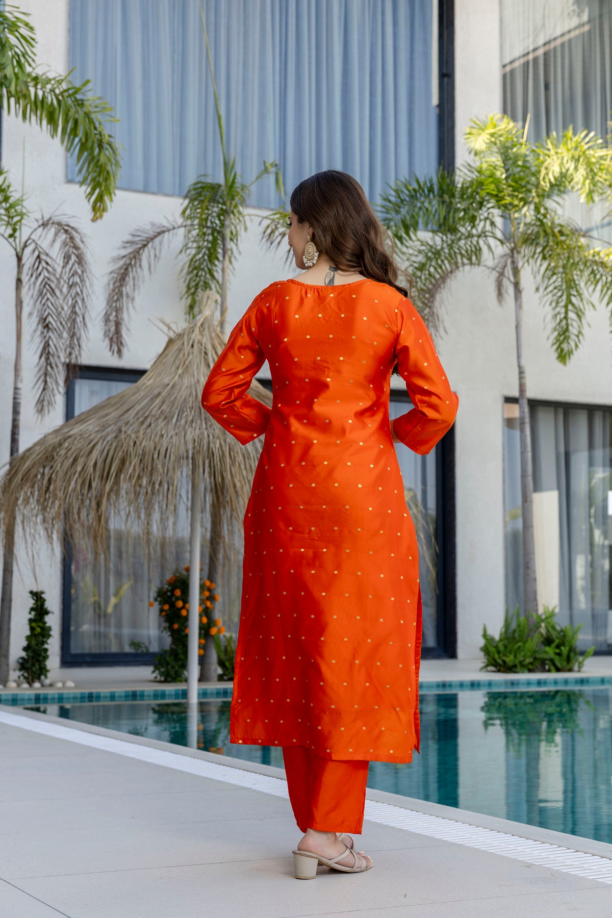 Orange Jacquard Embroidered Kurta Set with Organza Dupatta for Women