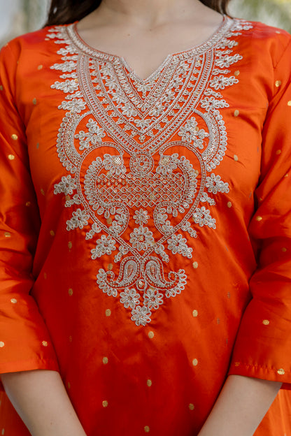 Orange Jacquard Embroidered Kurta Set with Organza Dupatta for Women