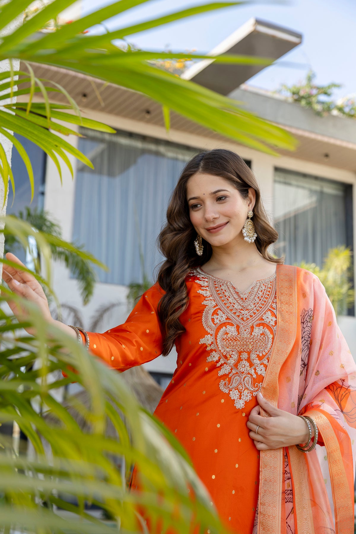 Orange Jacquard Embroidered Kurta Set with Organza Dupatta for Women