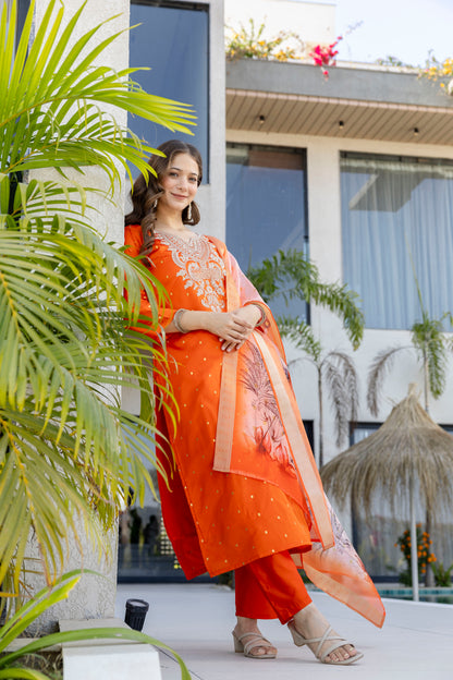 Orange Jacquard Embroidered Kurta Set with Organza Dupatta for Women
