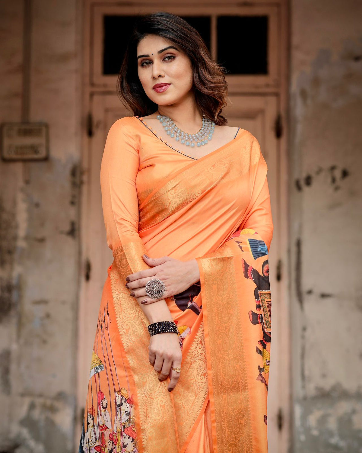 Orange Rajasthani Print Tussar Silk Saree with Zari for Women