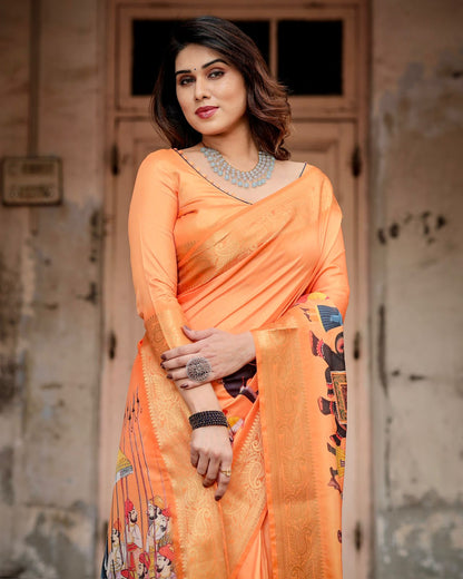 Orange Rajasthani Print Tussar Silk Saree with Zari for Women