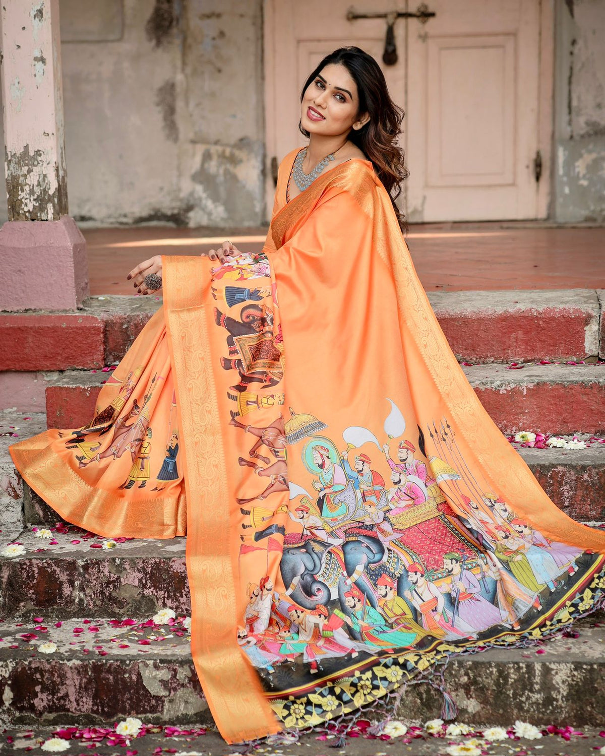 Orange Rajasthani Print Tussar Silk Saree with Zari for Women