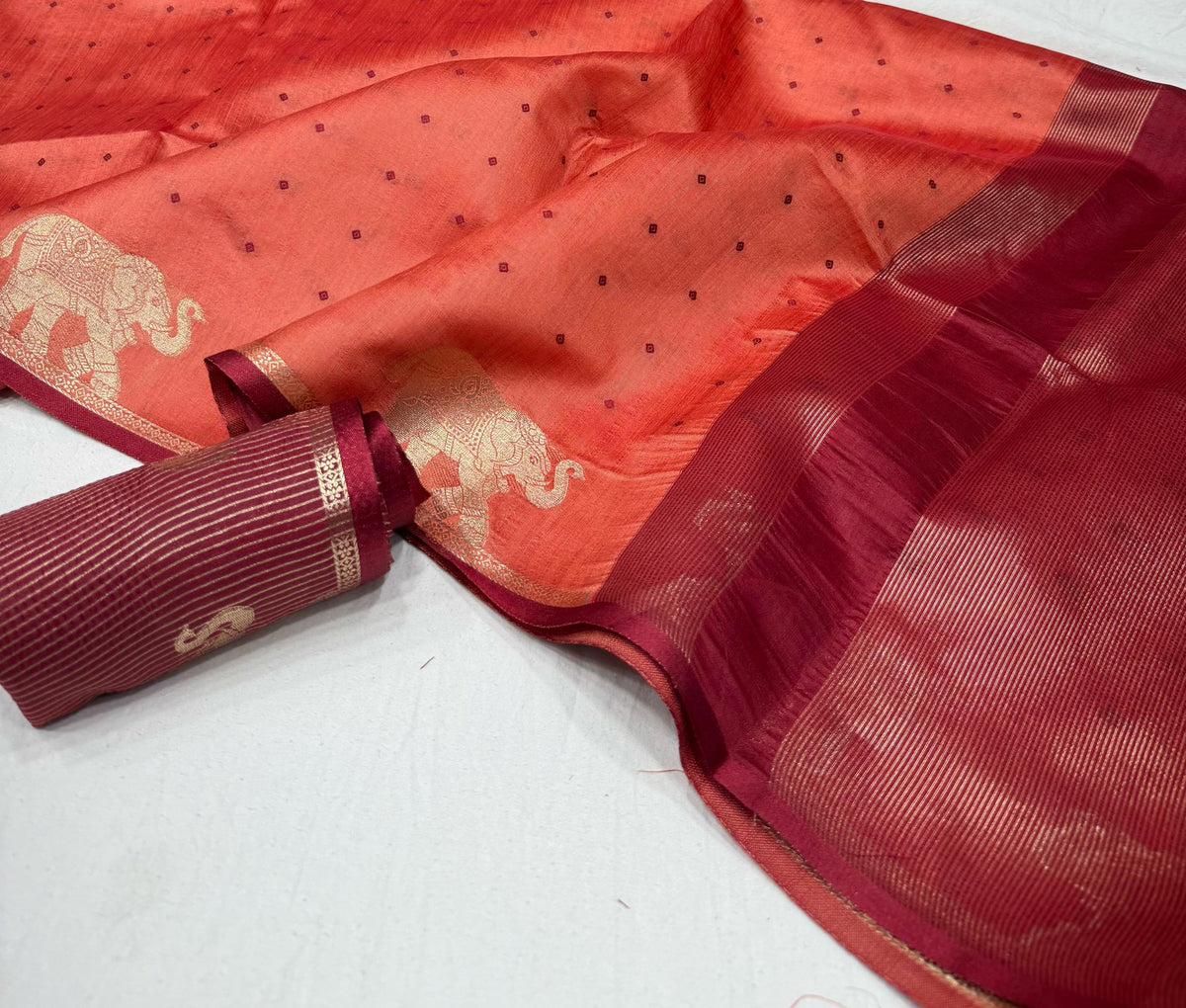 Coral Orange Bandhani Silk Saree with Zari Elephant Border for Women