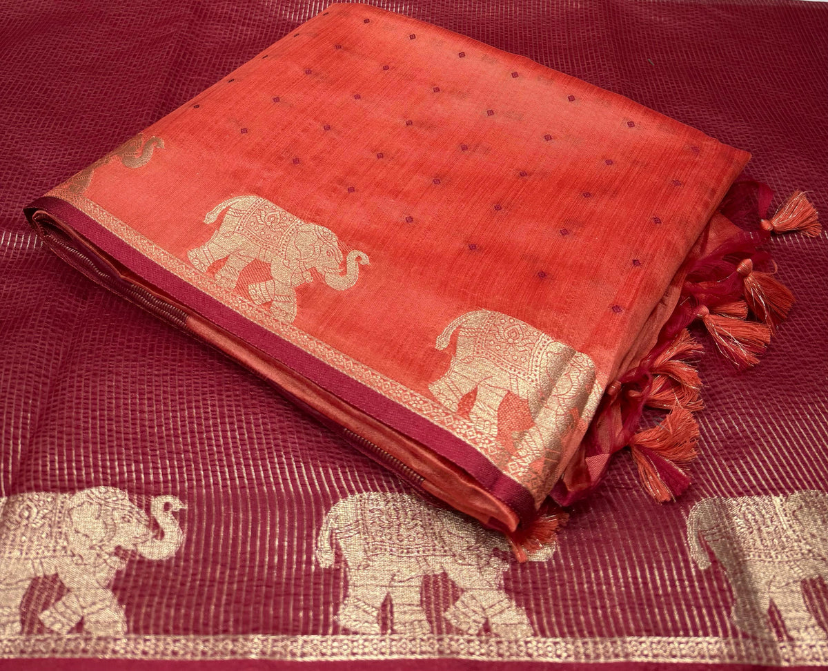 Coral Orange Bandhani Silk Saree with Zari Elephant Border for Women