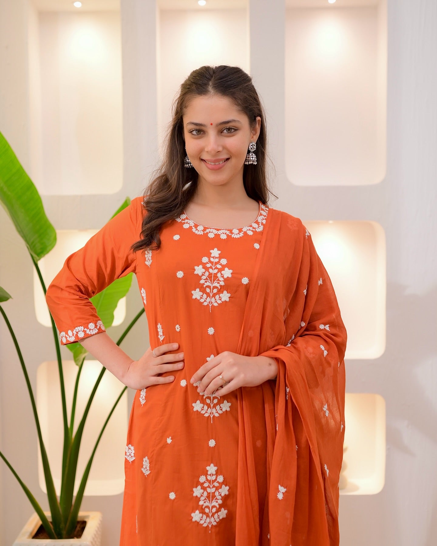 Orange SlubShine Embroidered Salwar Suit