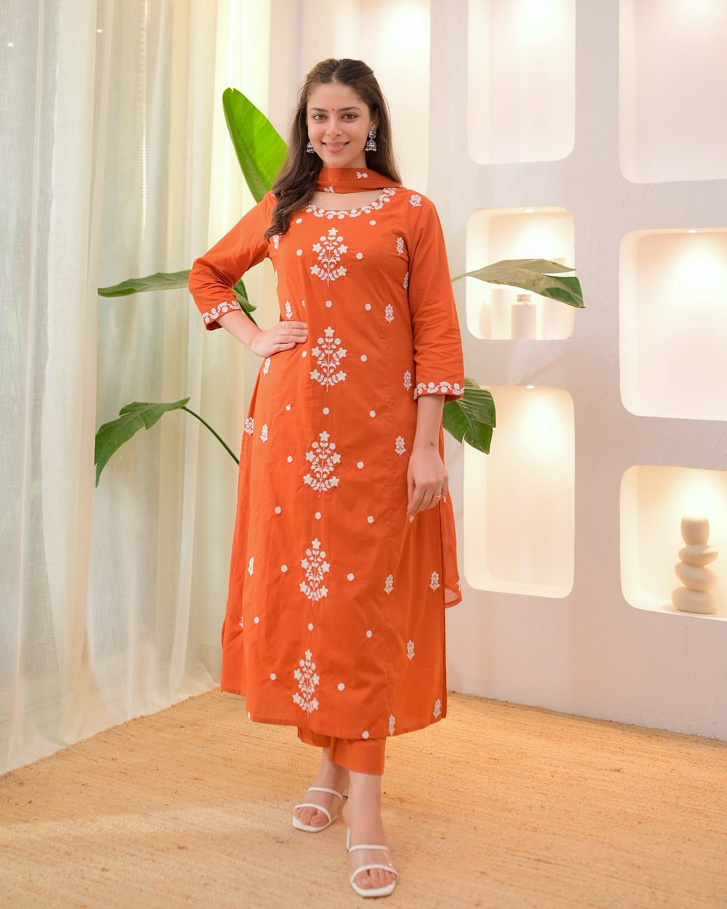Orange SlubShine Embroidered Salwar Suit