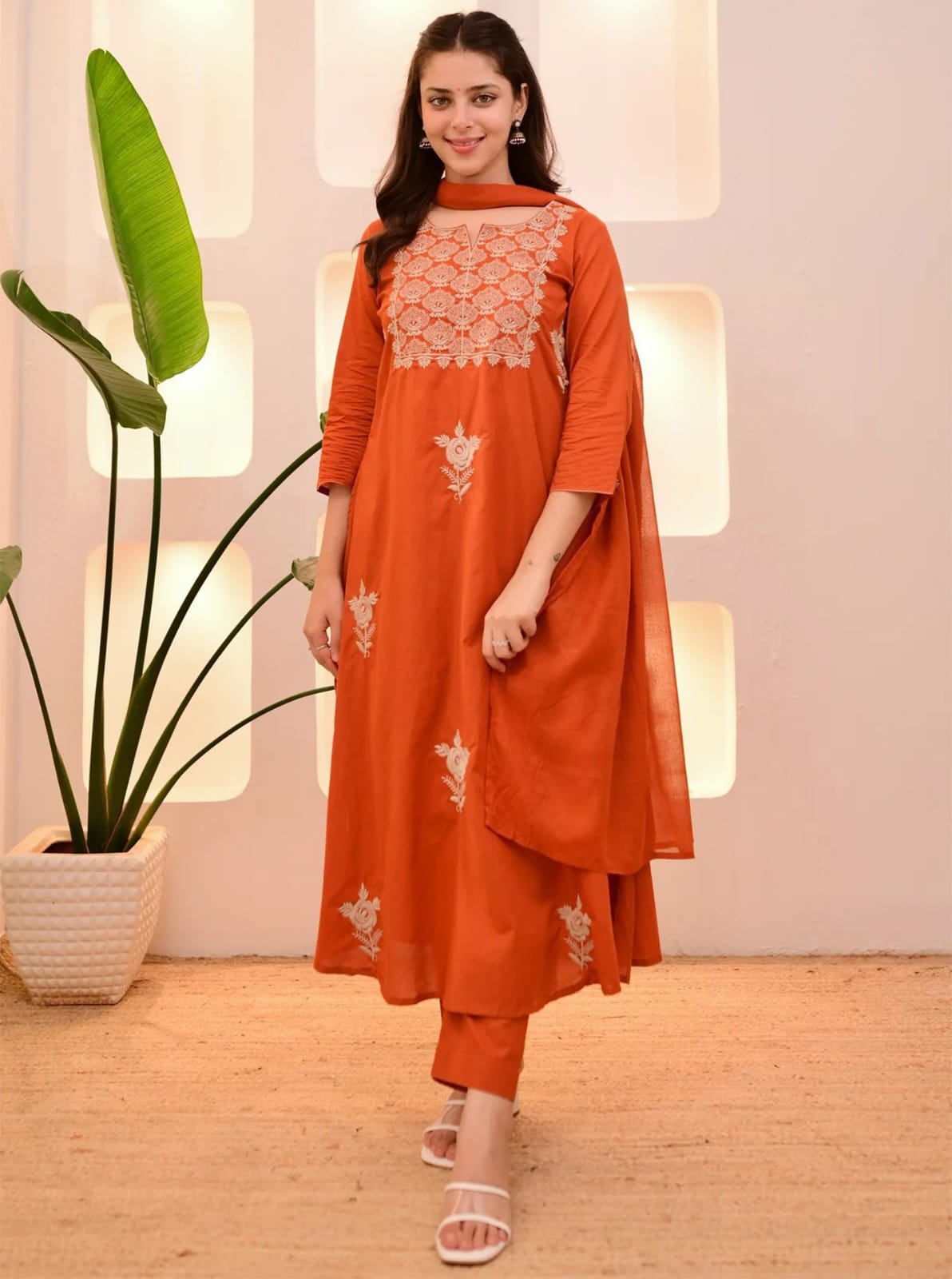 Orange Straight Kurta with Embroidered Dupatta for Women