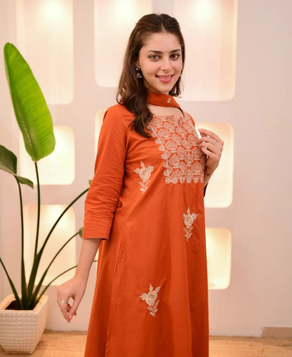 Orange Straight Kurta with Embroidered Dupatta for Women