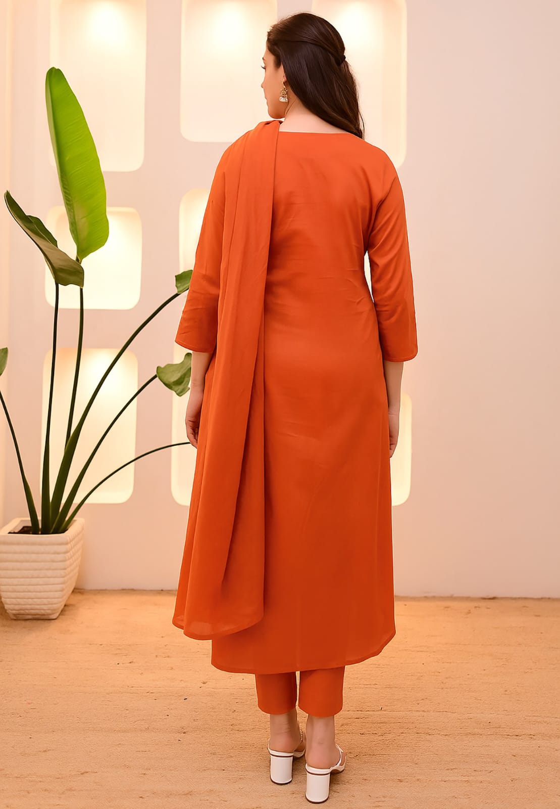 Orange Straight Kurta with Embroidered Dupatta for Women