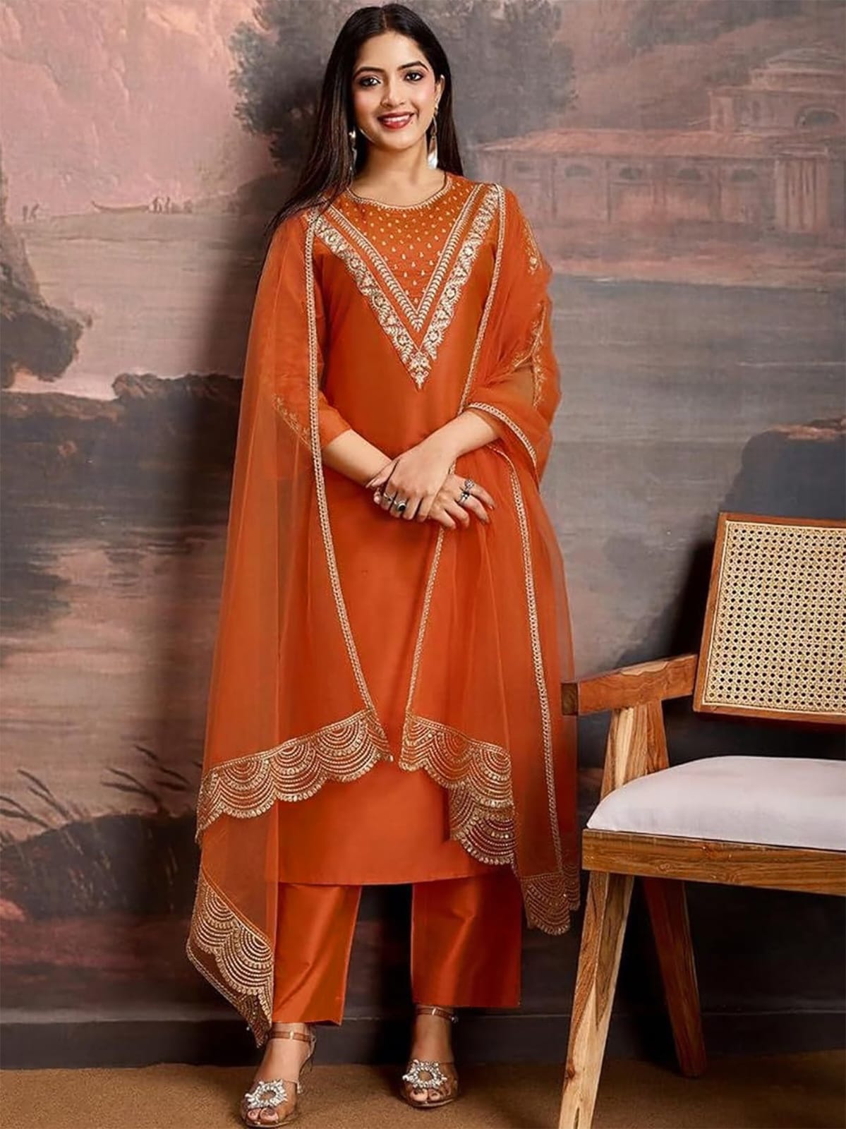 Orange Thread Embroidered Ethnic Suit Set