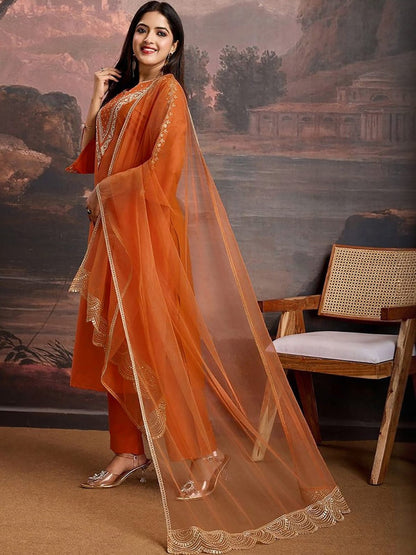 Orange Thread Embroidered Ethnic Suit Set for Women