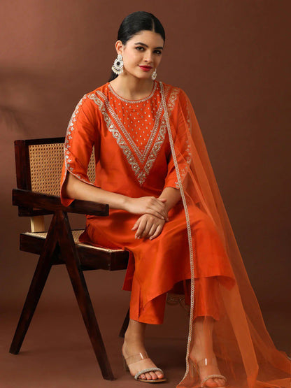 Orange Thread Embroidered Ethnic Suit Set for Women