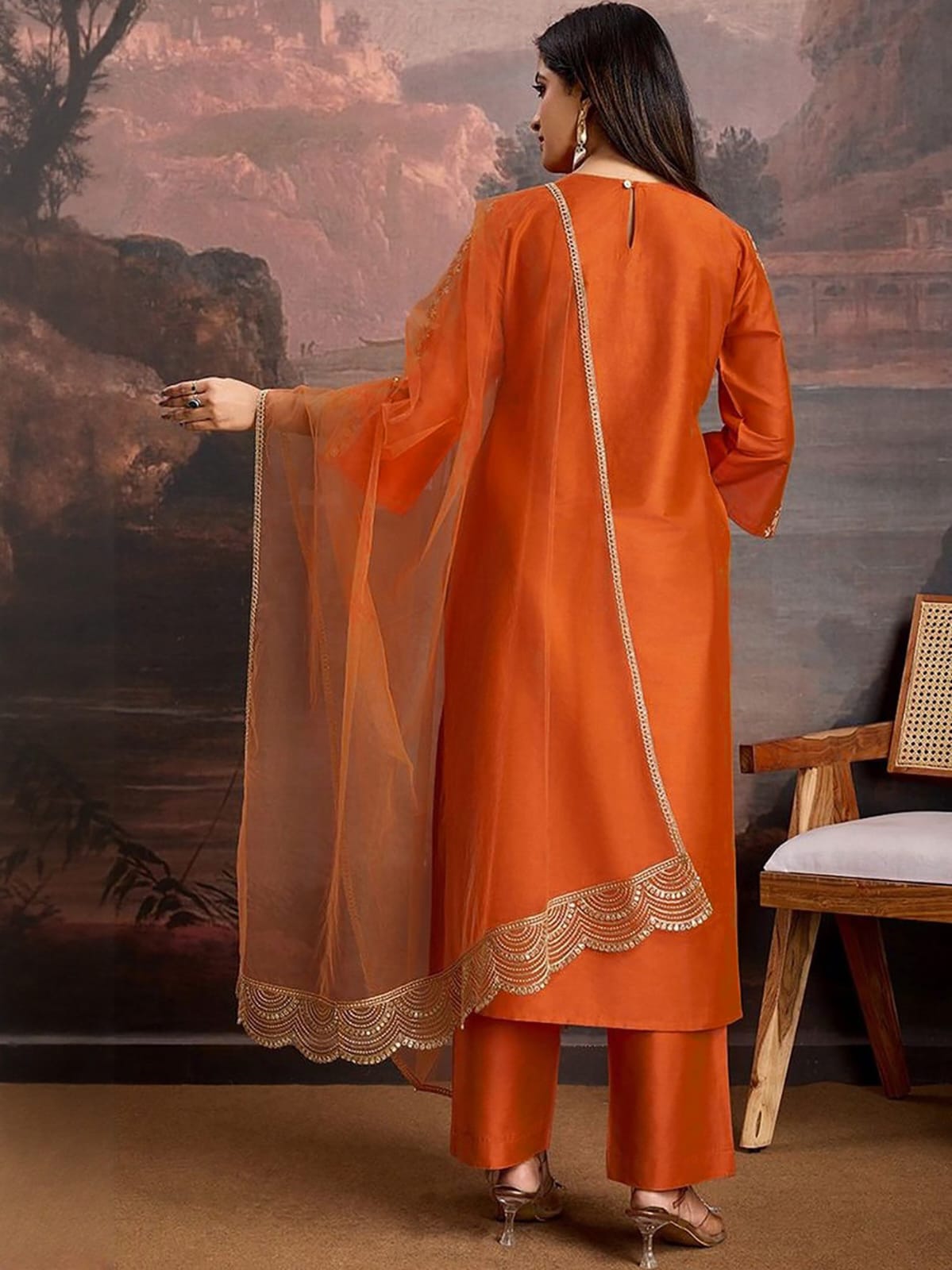 Orange Thread Embroidered Ethnic Suit Set for Women