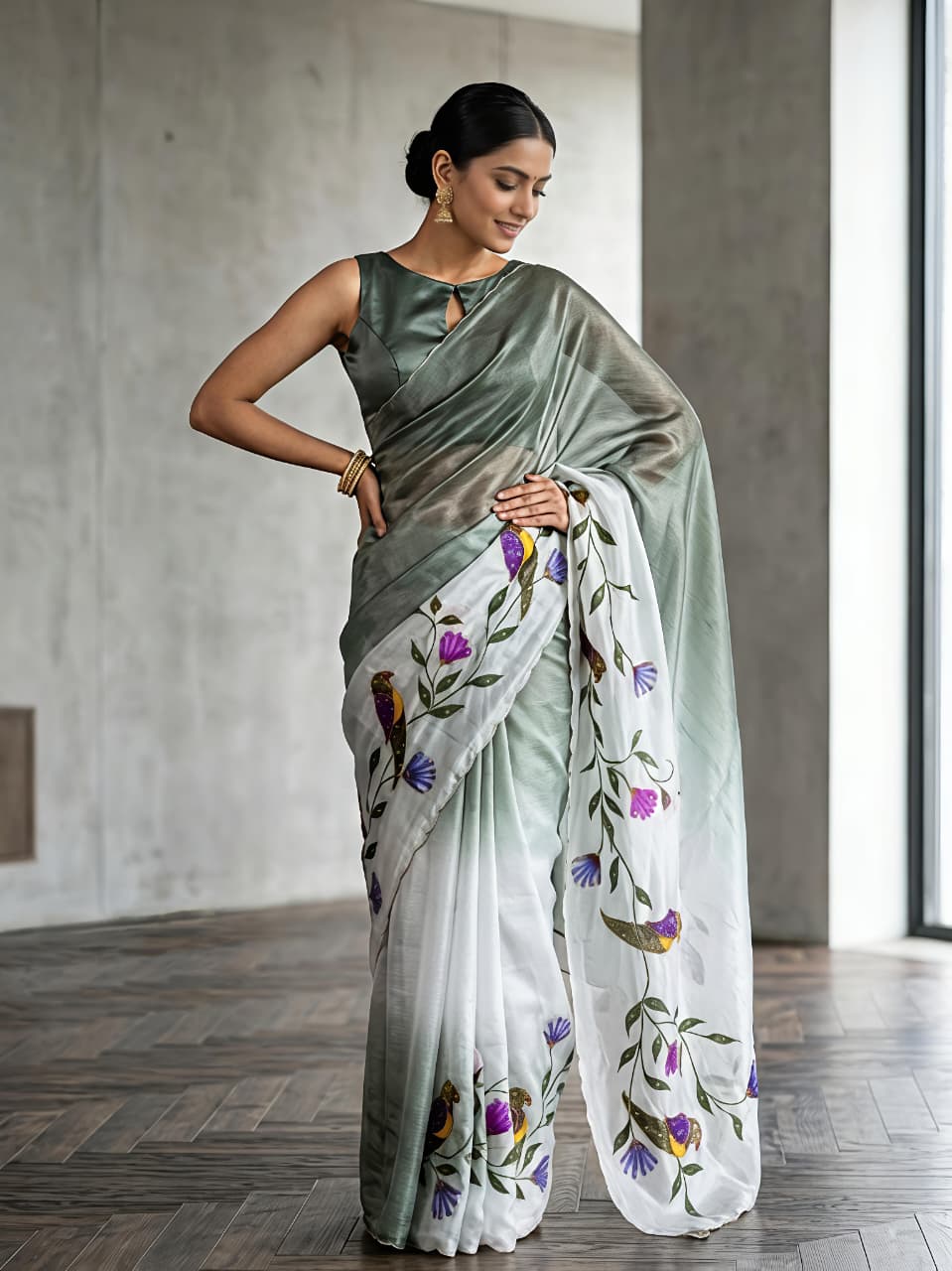 Parrot Kalamkari Fandy Silk Saree with Handwork for Women