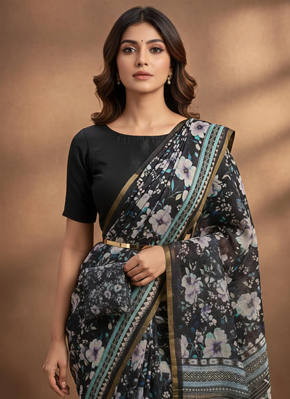 Party Wear Black Floral Linen Saree for Women