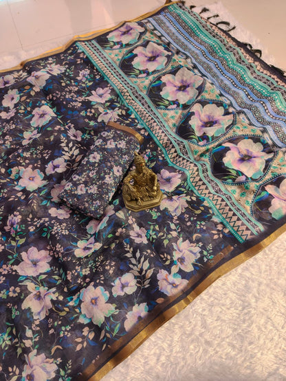 Party Wear Black Floral Linen Saree for Women