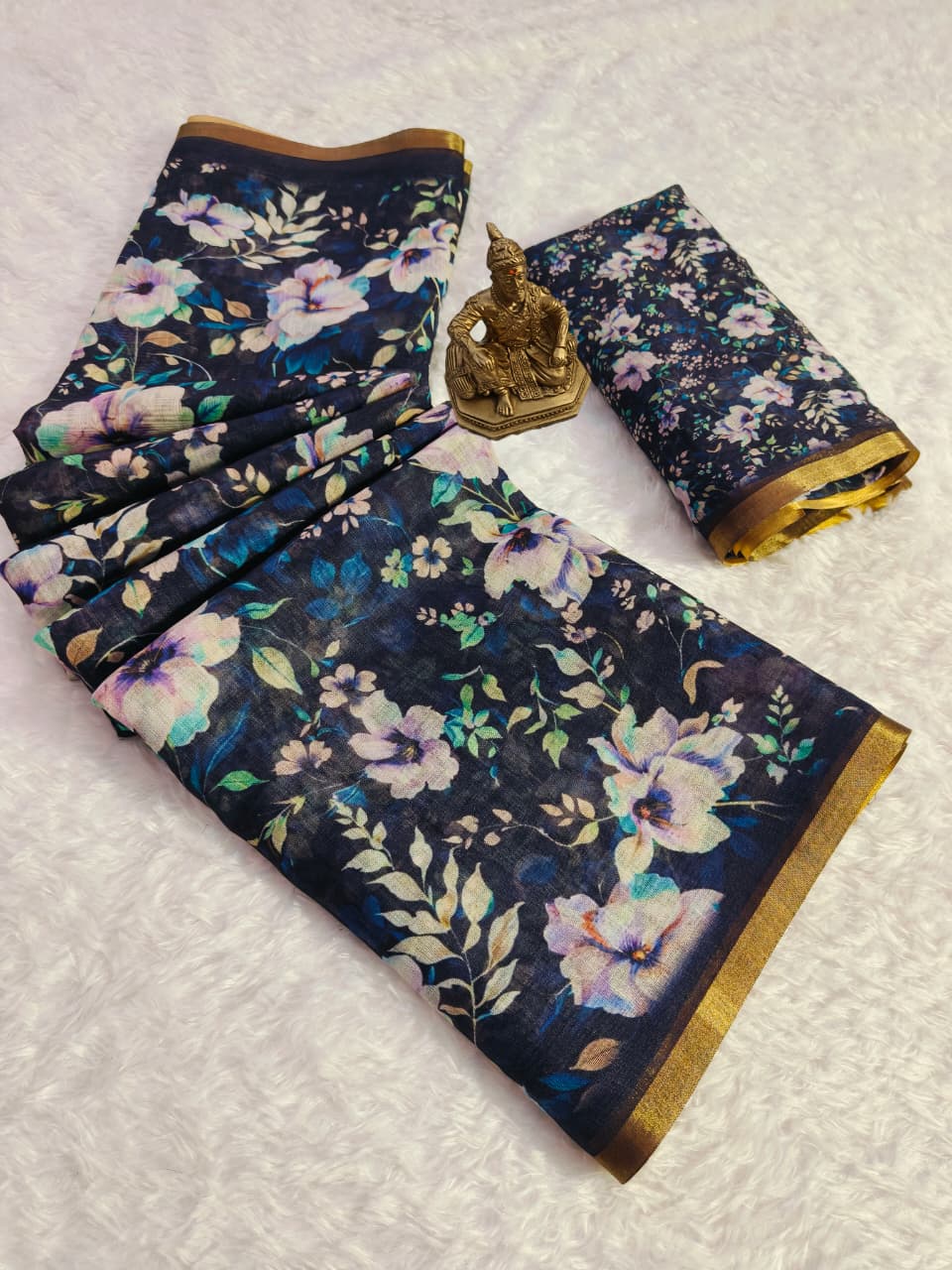 Party Wear Black Floral Linen Saree for Women
