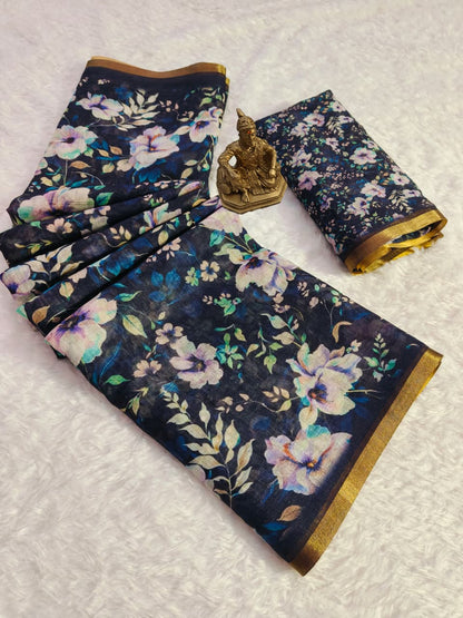 Party Wear Black Floral Linen Saree for Women