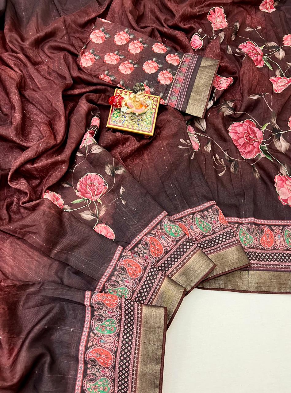 Party Wear Brown Cotton Saree With Designer Blouse