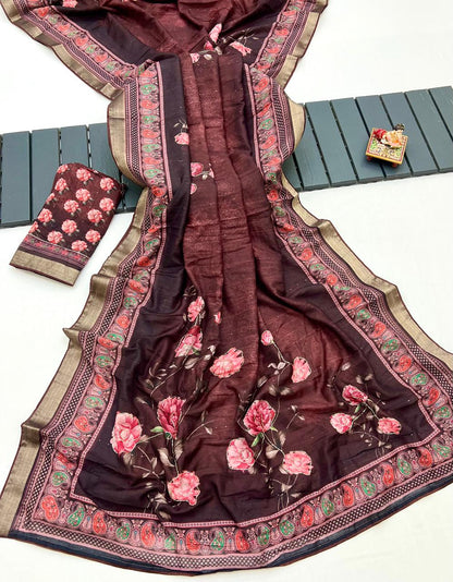 Party Wear Brown Cotton Saree With Designer Blouse for Women