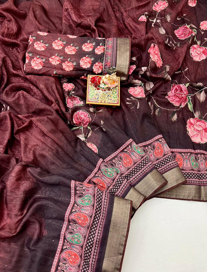Party Wear Maroon Cotton Saree With Designer Blouse for Women