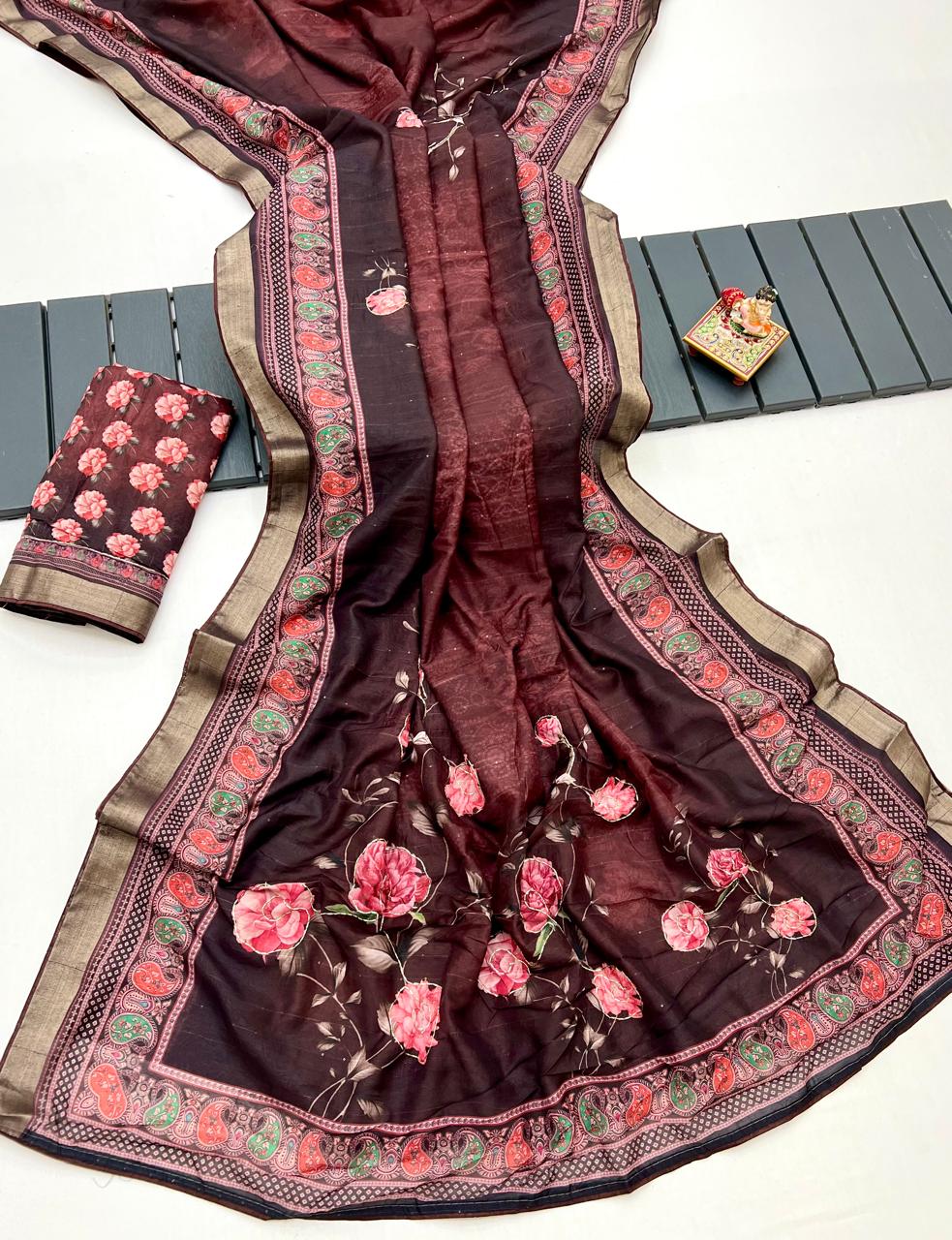 Party Wear Maroon Cotton Saree With Designer Blouse for Women