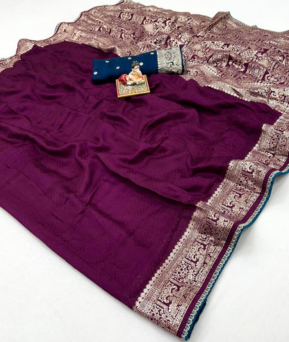 Party Wear Wine Maslin Silk Saree With Zari Work for Women