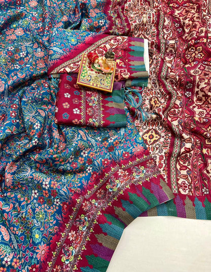 Floral Pashmina Saree With Shawl &amp; Blouse Piece for Women