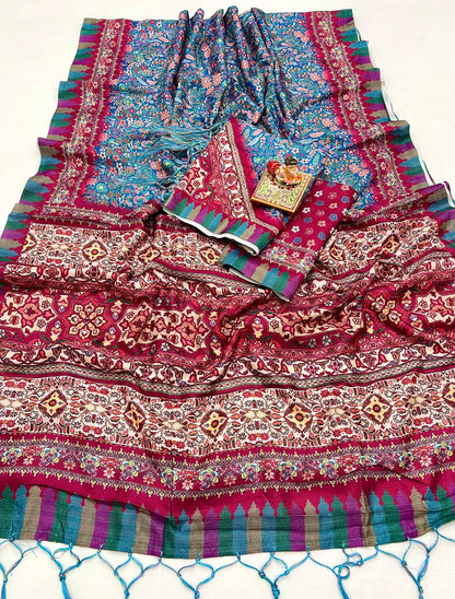 Floral Pashmina Saree With Shawl &amp; Blouse Piece for Women