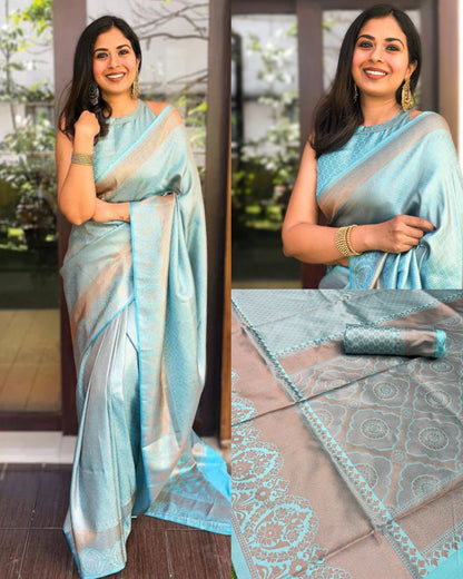 Pastel Aqua Lichi Silk Saree with Rich Jacquard Border for Women