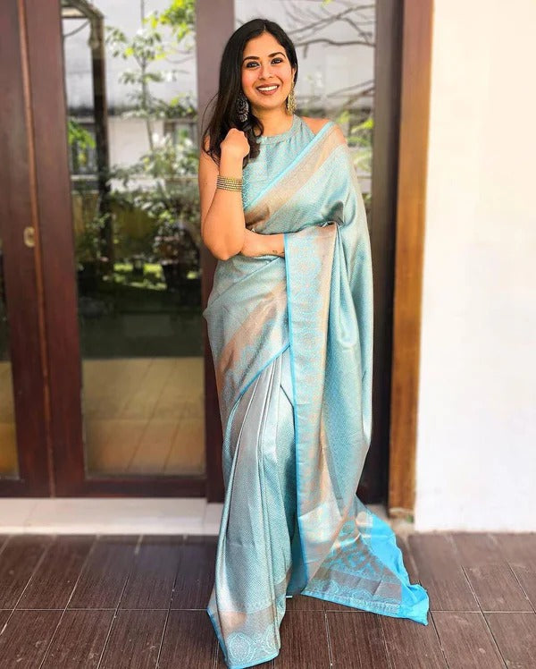 Pastel Aqua Lichi Silk Saree with Rich Jacquard Border for Women