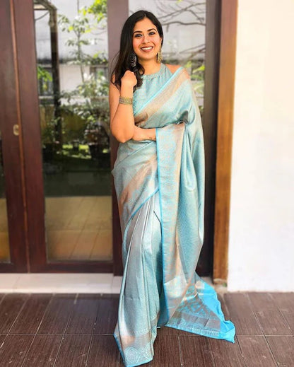Pastel Aqua Lichi Silk Saree with Rich Jacquard Border for Women