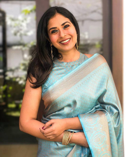 Pastel Aqua Lichi Silk Saree with Rich Jacquard Border for Women