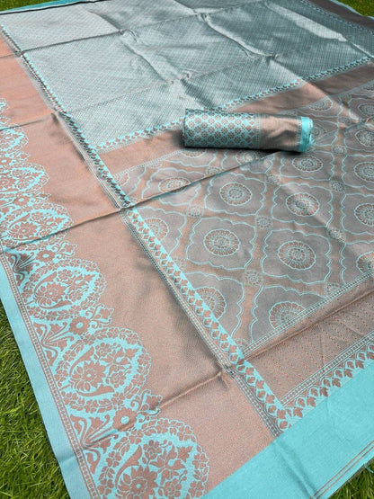 Pastel Aqua Lichi Silk Saree with Rich Jacquard Border for Women