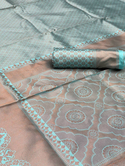 Pastel Aqua Lichi Silk Saree with Rich Jacquard Border for Women