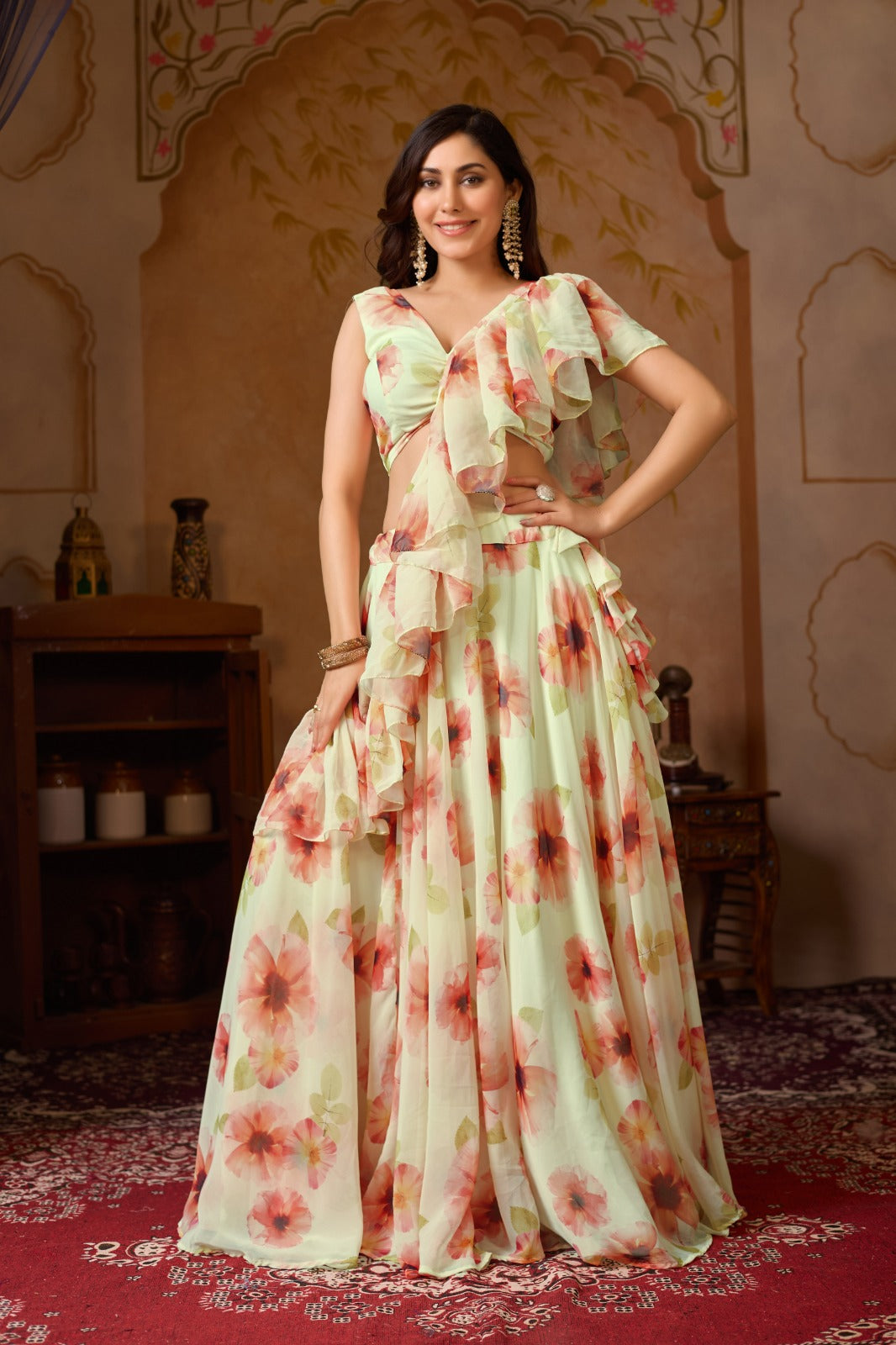 Pastel Floral Georgette Lehenga Set with Ruffle Blouse for Women