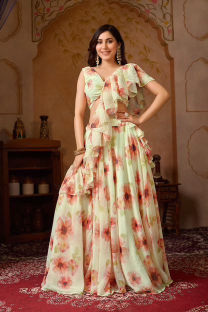 Pastel Floral Georgette Lehenga Set with Ruffle Blouse for Women