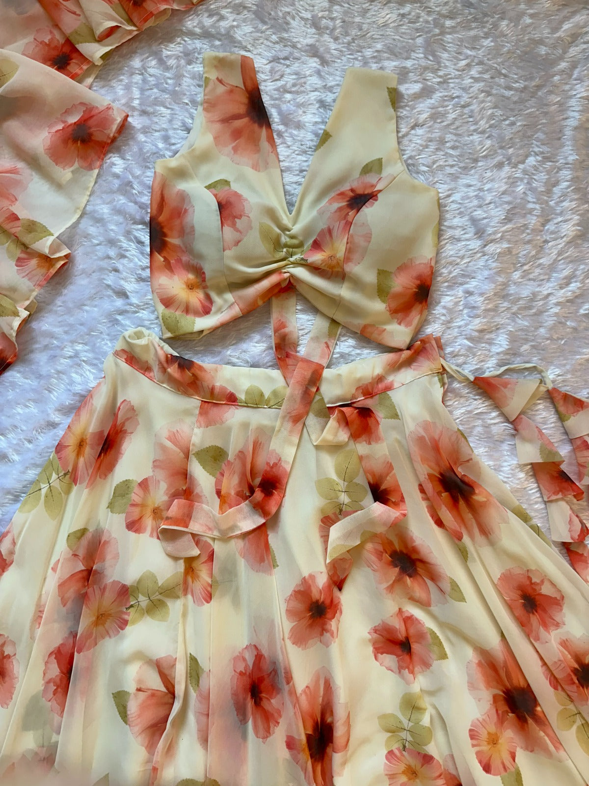 Pastel Floral Georgette Lehenga Set with Ruffle Blouse for Women