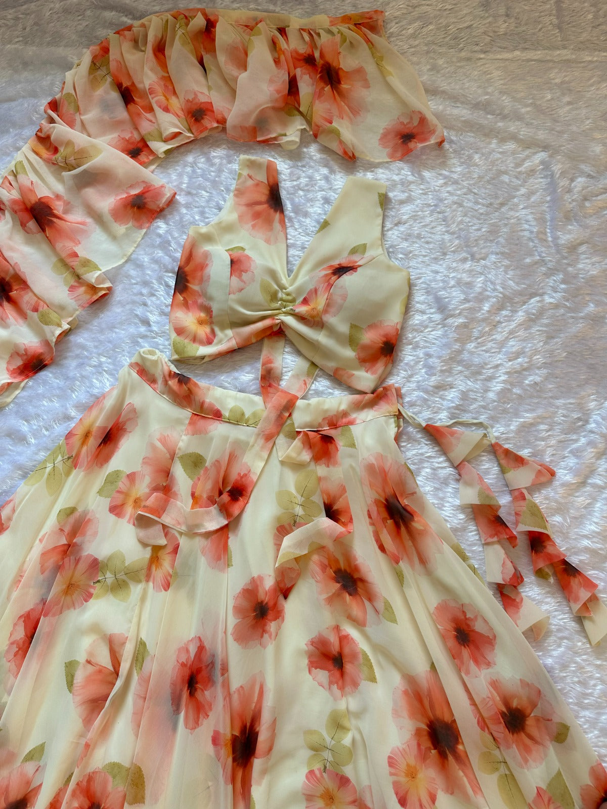 Pastel Floral Georgette Lehenga Set with Ruffle Blouse for Women